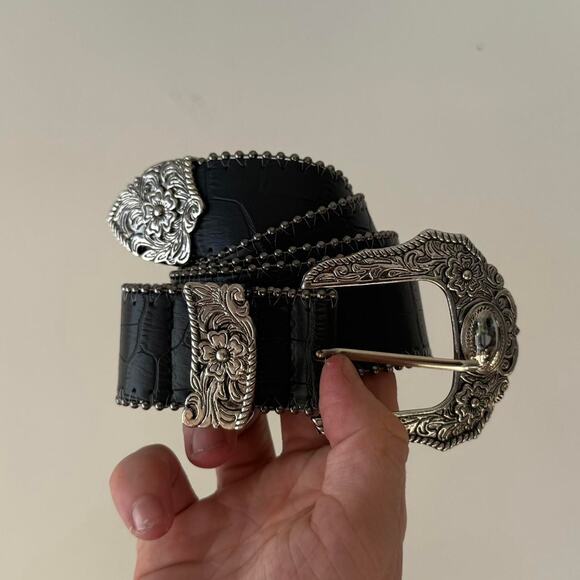 vintage black alligator skin western cowboy boho belt - Picture 9 of 9